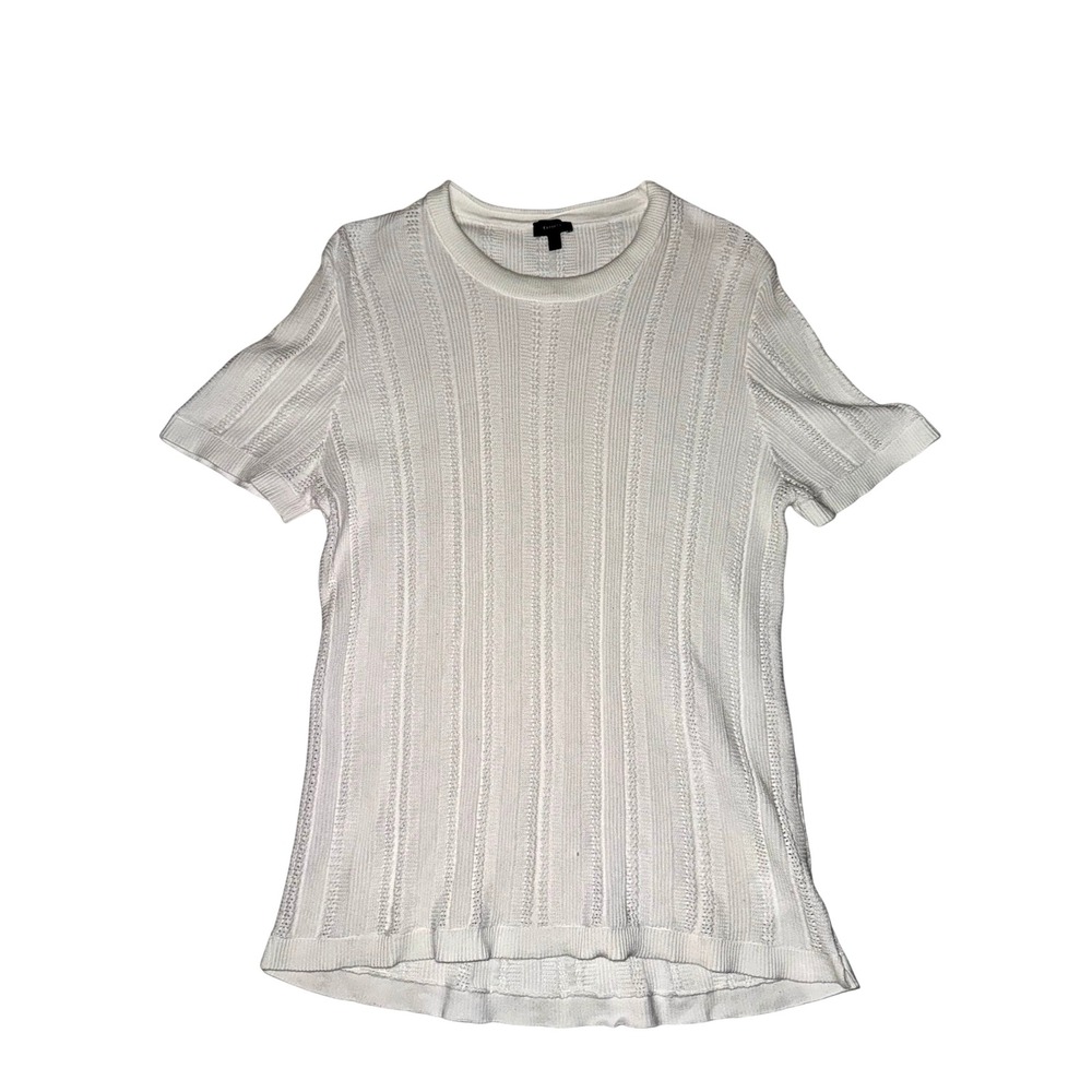 Express Knit Sweater Mens Large White Short Sleeve Vertical Ribbed Cotton Crew